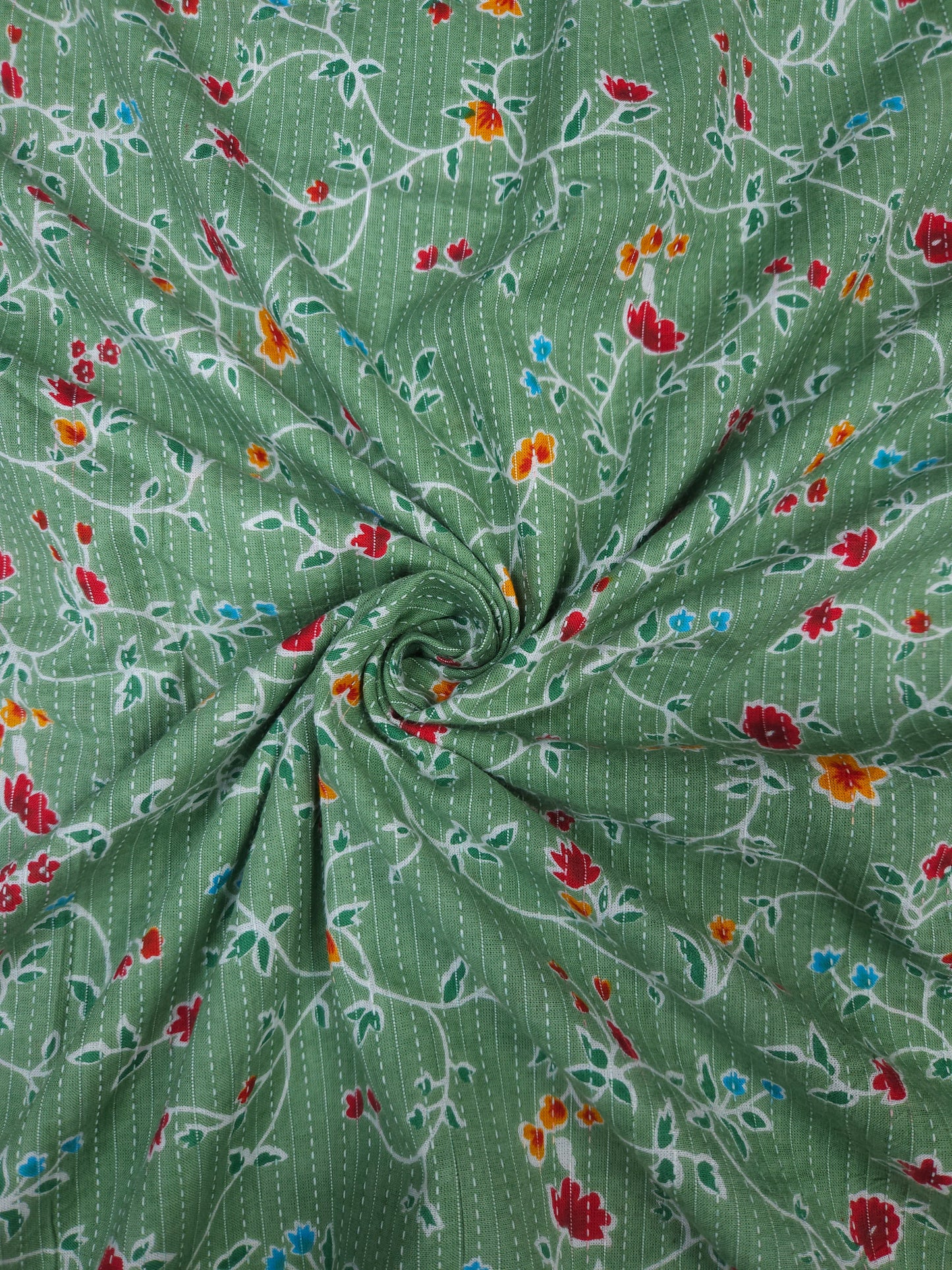 Sage Green Floral Vine Kantha Cambric Cotton