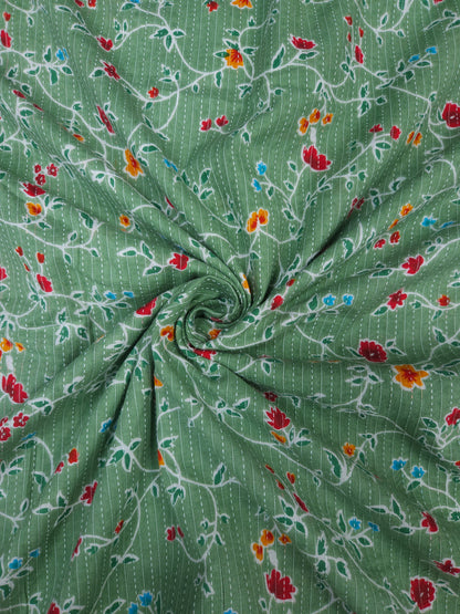 Sage Green Floral Vine Kantha Cambric Cotton