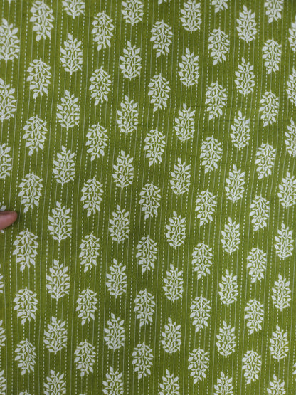 Olive Green Floral Buta Kantha Cambric Cotton