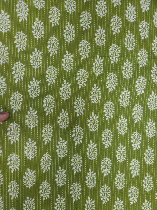Olive Green Floral Buta Kantha Cambric Cotton