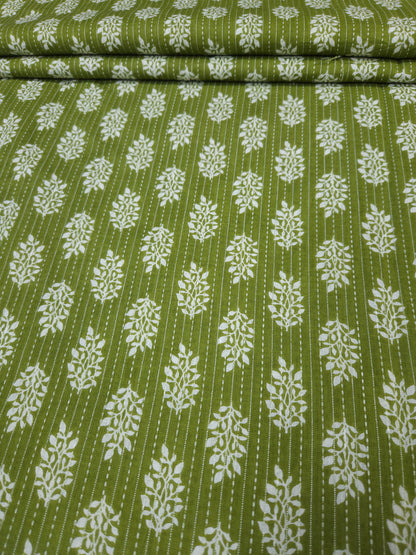 Olive Green Floral Buta Kantha Cambric Cotton