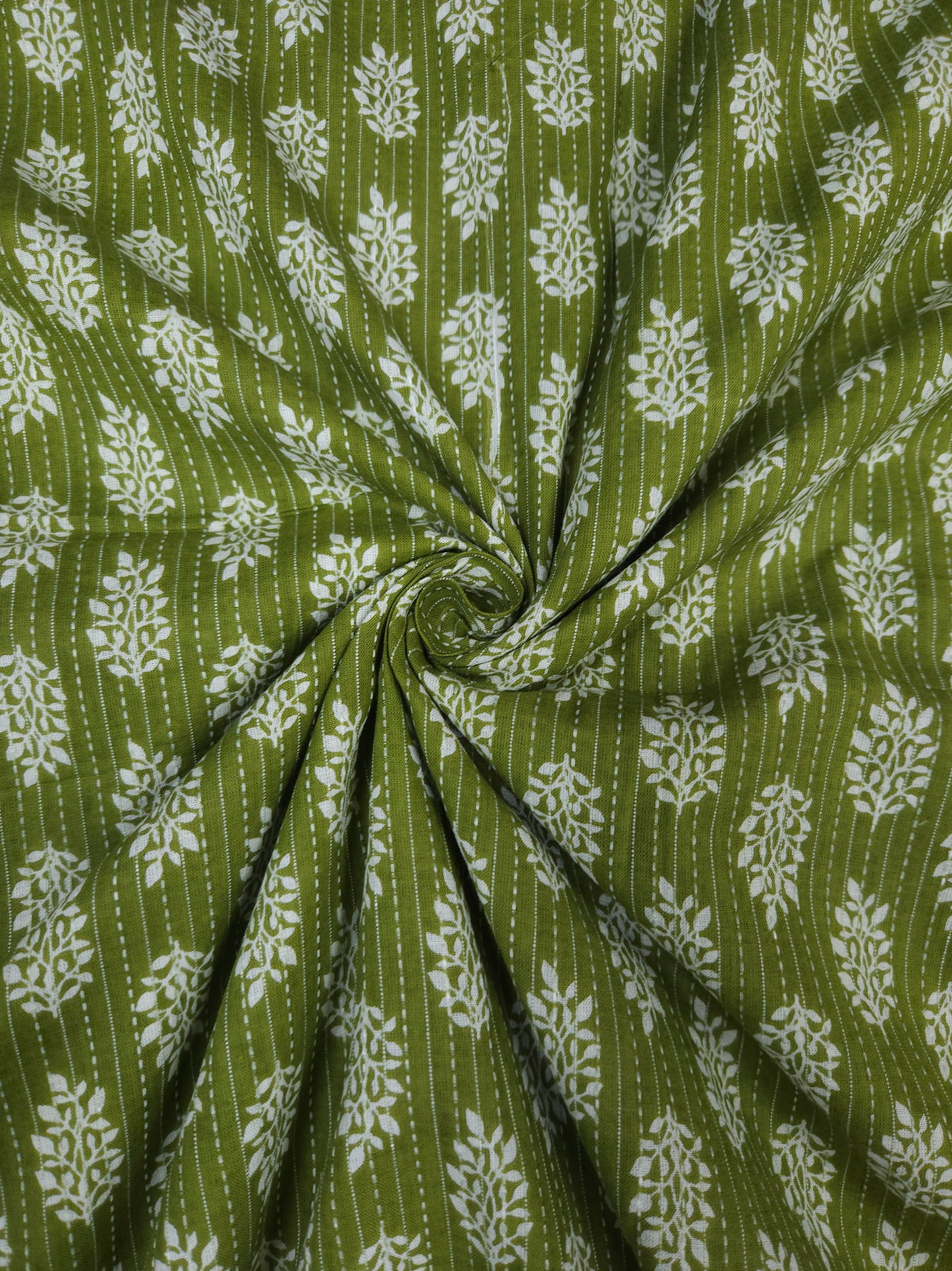 Olive Green Floral Buta Kantha Cambric Cotton