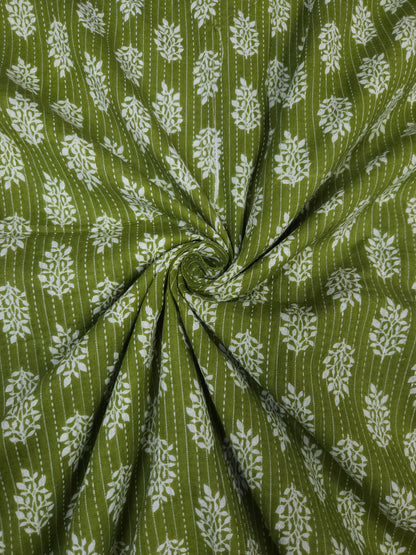 Olive Green Floral Buta Kantha Cambric Cotton
