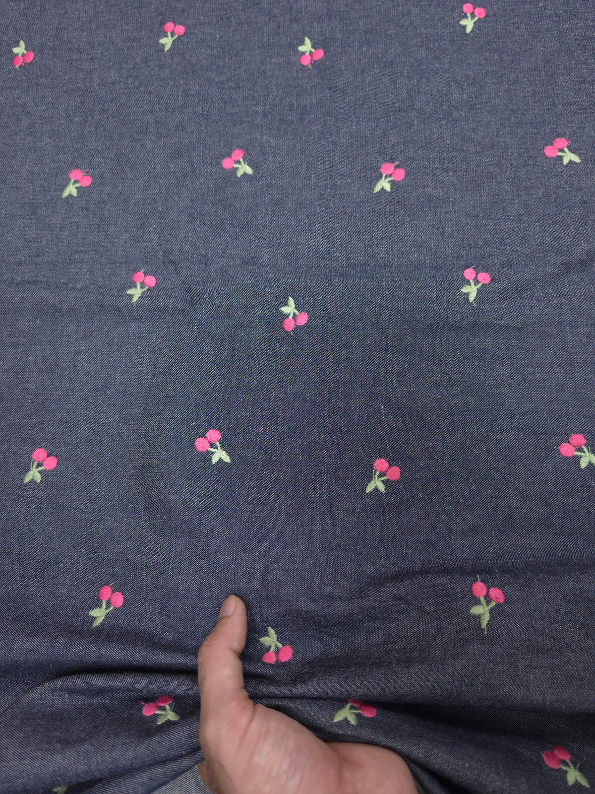 Navy Blue Cotton Denim Fabric with Cherry Embroidery