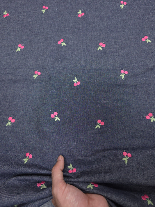 Navy Blue Cotton Denim Fabric with Cherry Embroidery