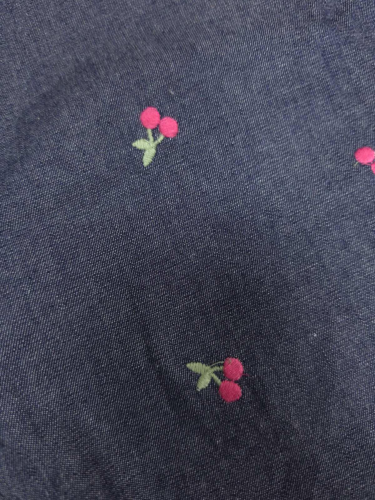 Navy Blue Cotton Denim Fabric with Cherry Embroidery