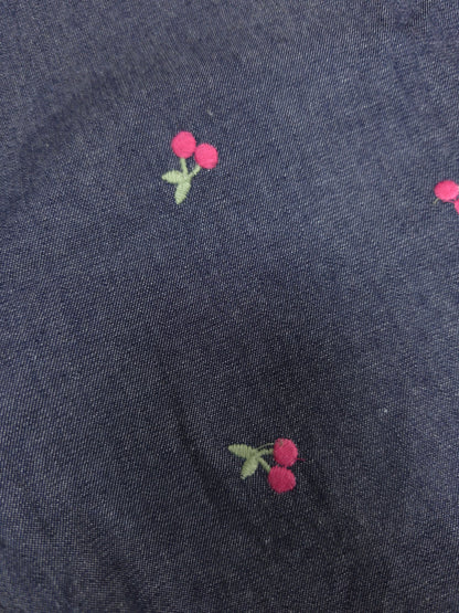 Navy Blue Cotton Denim Fabric with Cherry Embroidery
