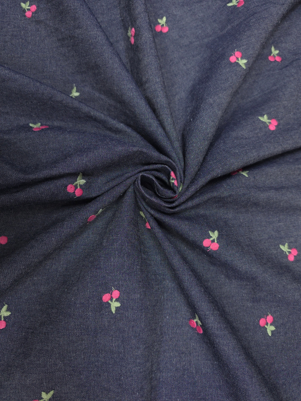 Navy Blue Cotton Denim Fabric with Cherry Embroidery