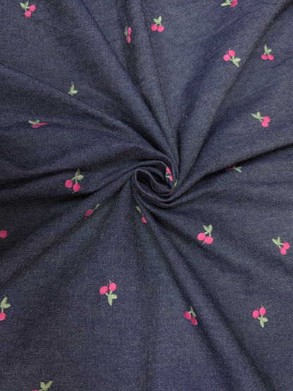 Navy Blue Cotton Denim Fabric with Cherry Embroidery