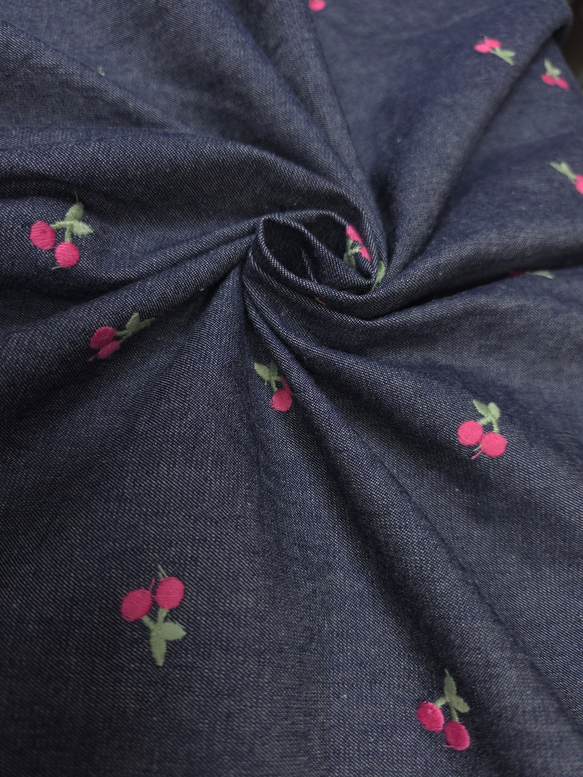 Navy Blue Cotton Denim Fabric with Cherry Embroidery