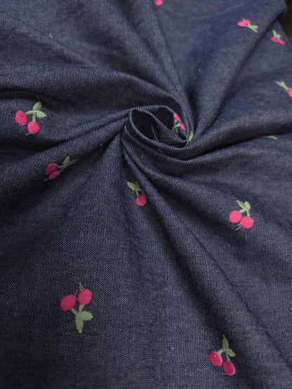 Navy Blue Cotton Denim Fabric with Cherry Embroidery