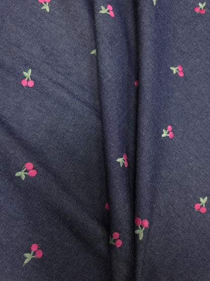 Navy Blue Cotton Denim Fabric with Cherry Embroidery