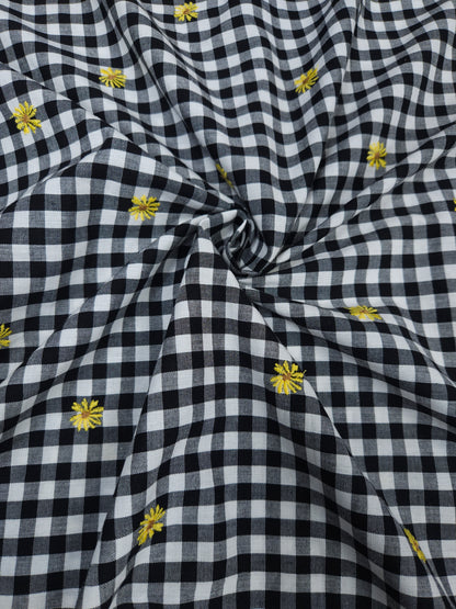 Black Check Embroidered Cotton Fabric