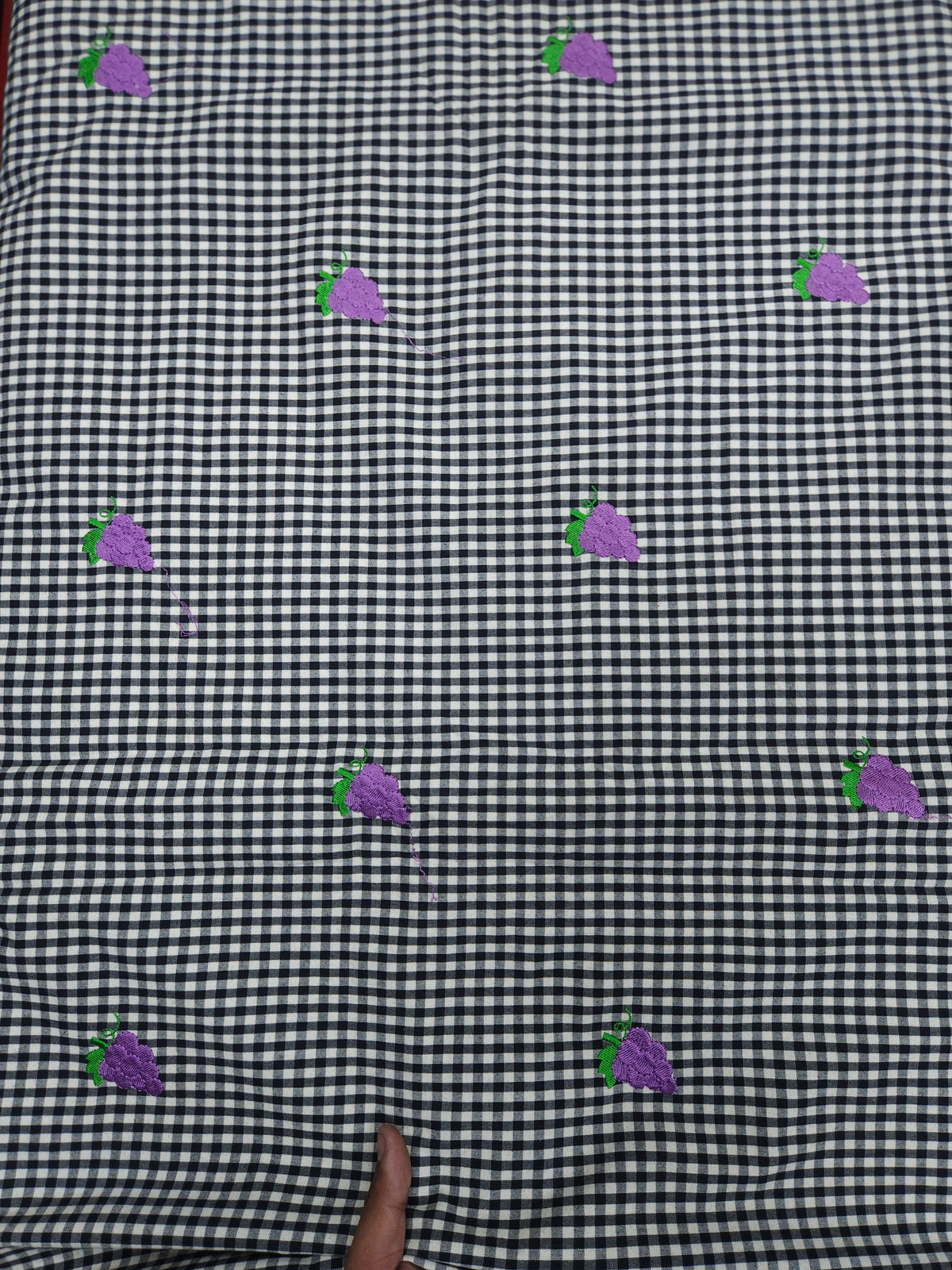 Premium Black Gingham Check Purple Floral Embroidered Cotton Fabric