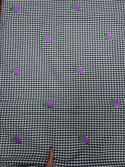 Premium Black Gingham Check Purple Floral Embroidered Cotton Fabric