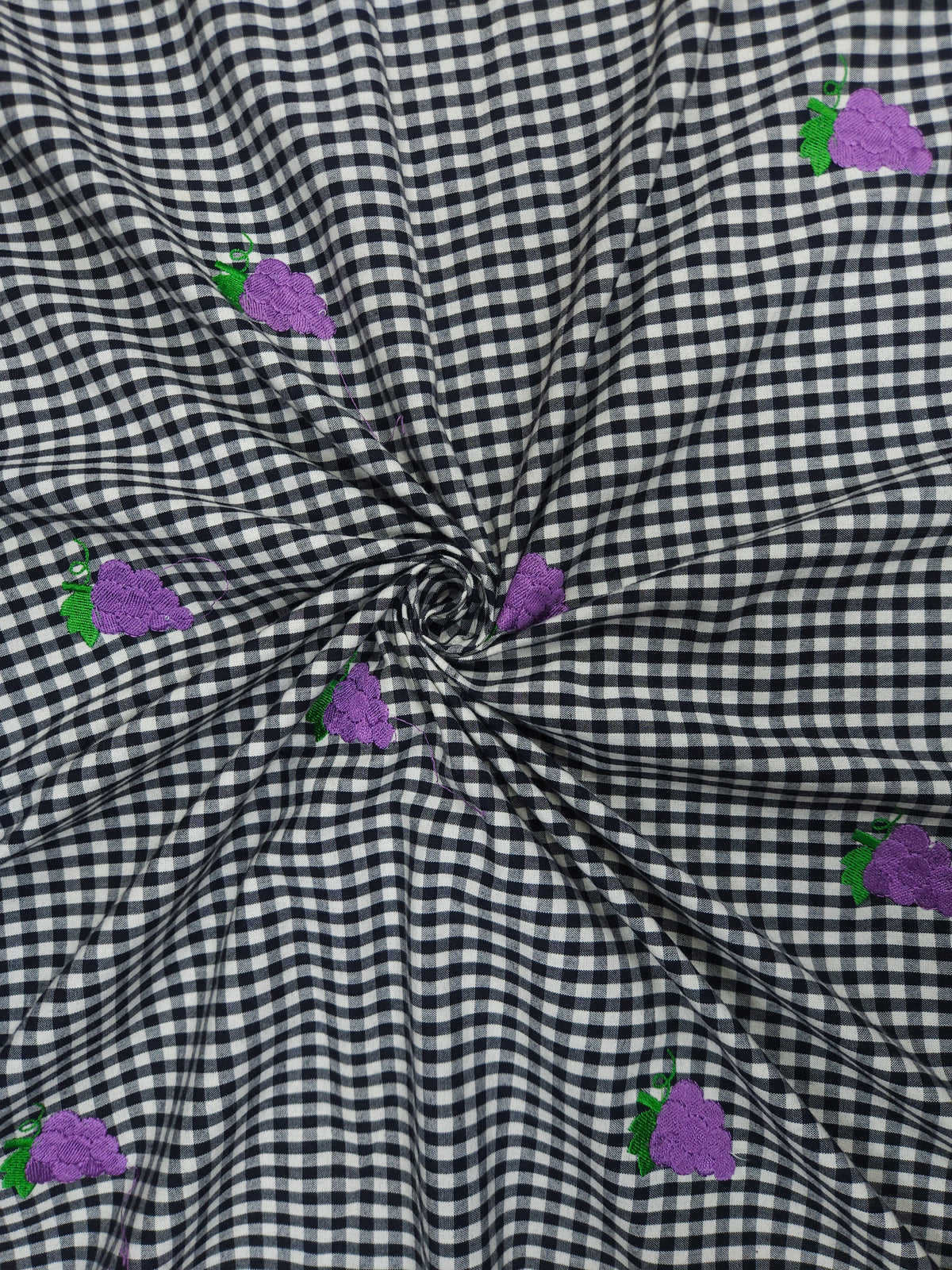 Premium Black Gingham Check Purple Floral Embroidered Cotton Fabric