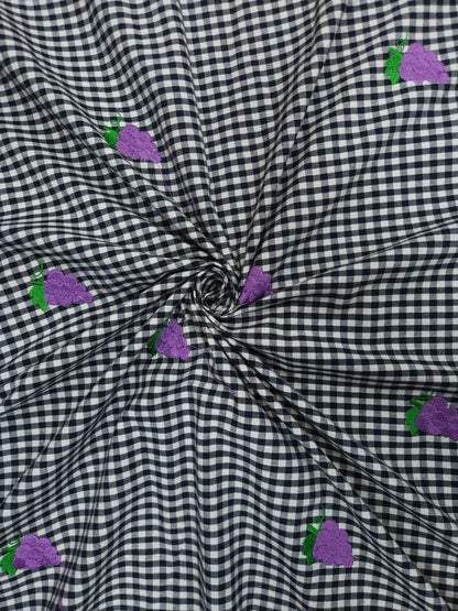 Premium Black Gingham Check Purple Floral Embroidered Cotton Fabric