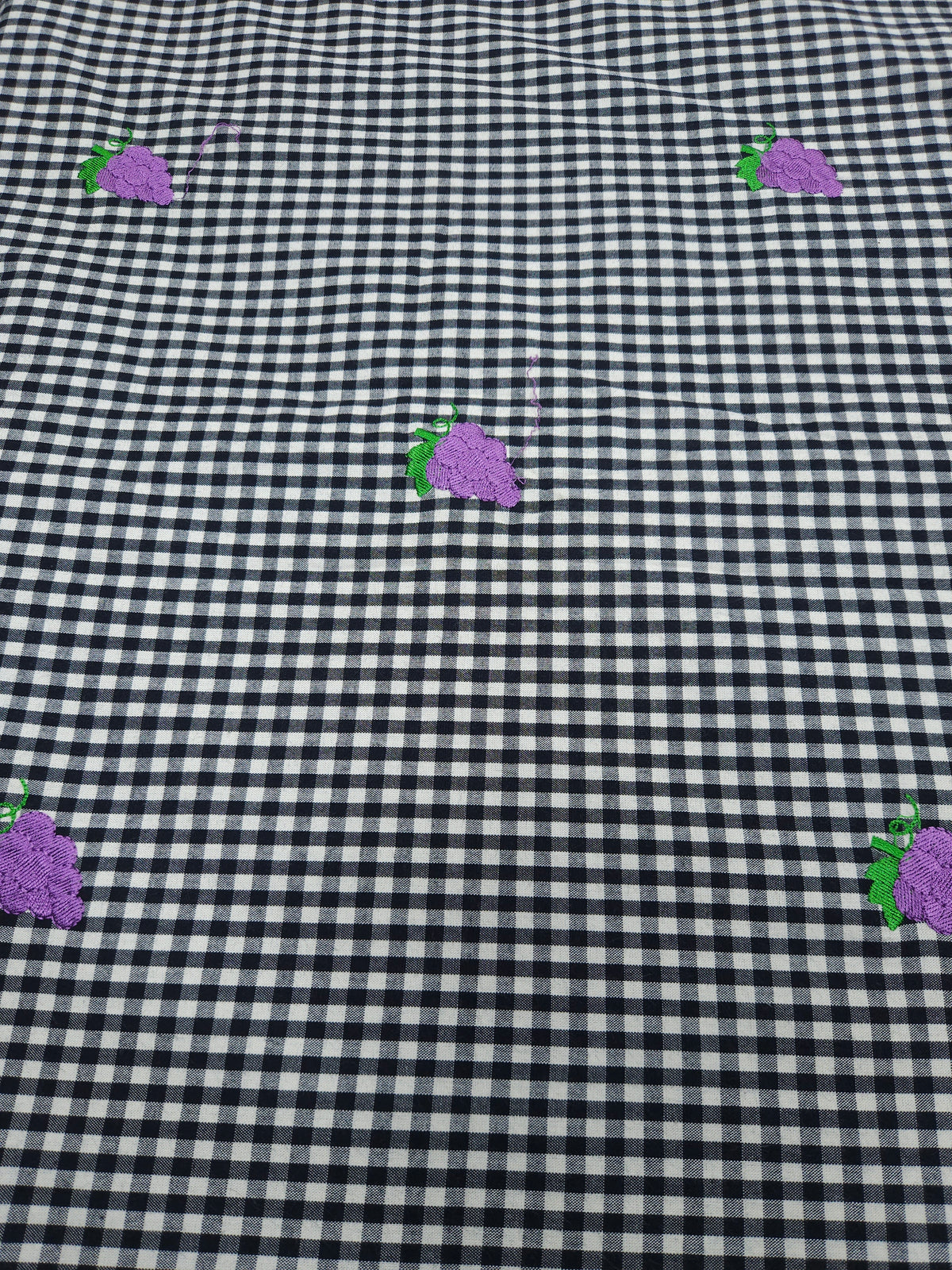 Premium Black Gingham Check Purple Floral Embroidered Cotton Fabric