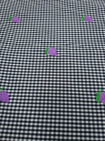Premium Black Gingham Check Purple Floral Embroidered Cotton Fabric