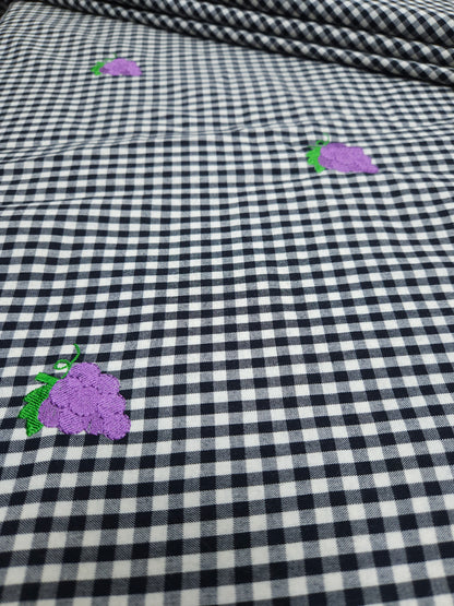 Premium Black Gingham Check Purple Floral Embroidered Cotton Fabric
