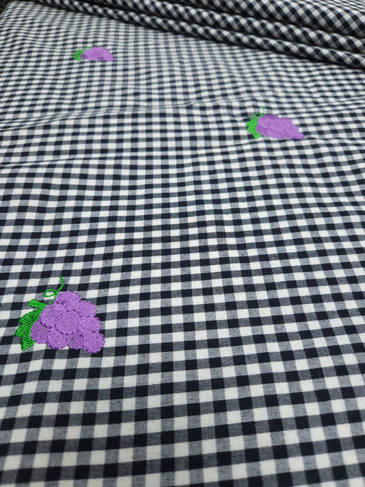 Premium Black Gingham Check Purple Floral Embroidered Cotton Fabric