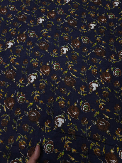 Navy Floral Printed Cotton Linen Fabric – 60 Inch Width