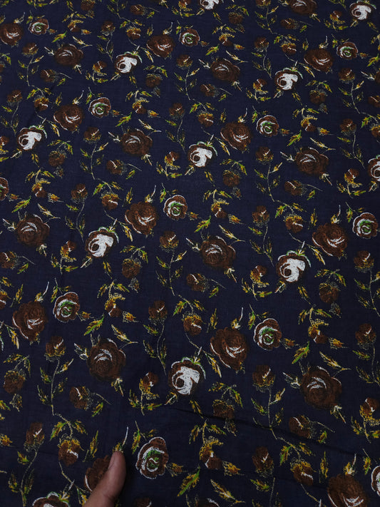 Navy Floral Printed Cotton Linen Fabric – 60 Inch Width
