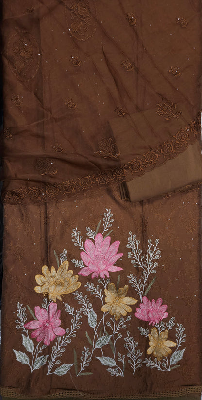 Brown Cotton Silk Embroidered Semi-stitched Suit Set with Organza Dupatta| 3 Piece Suit Set