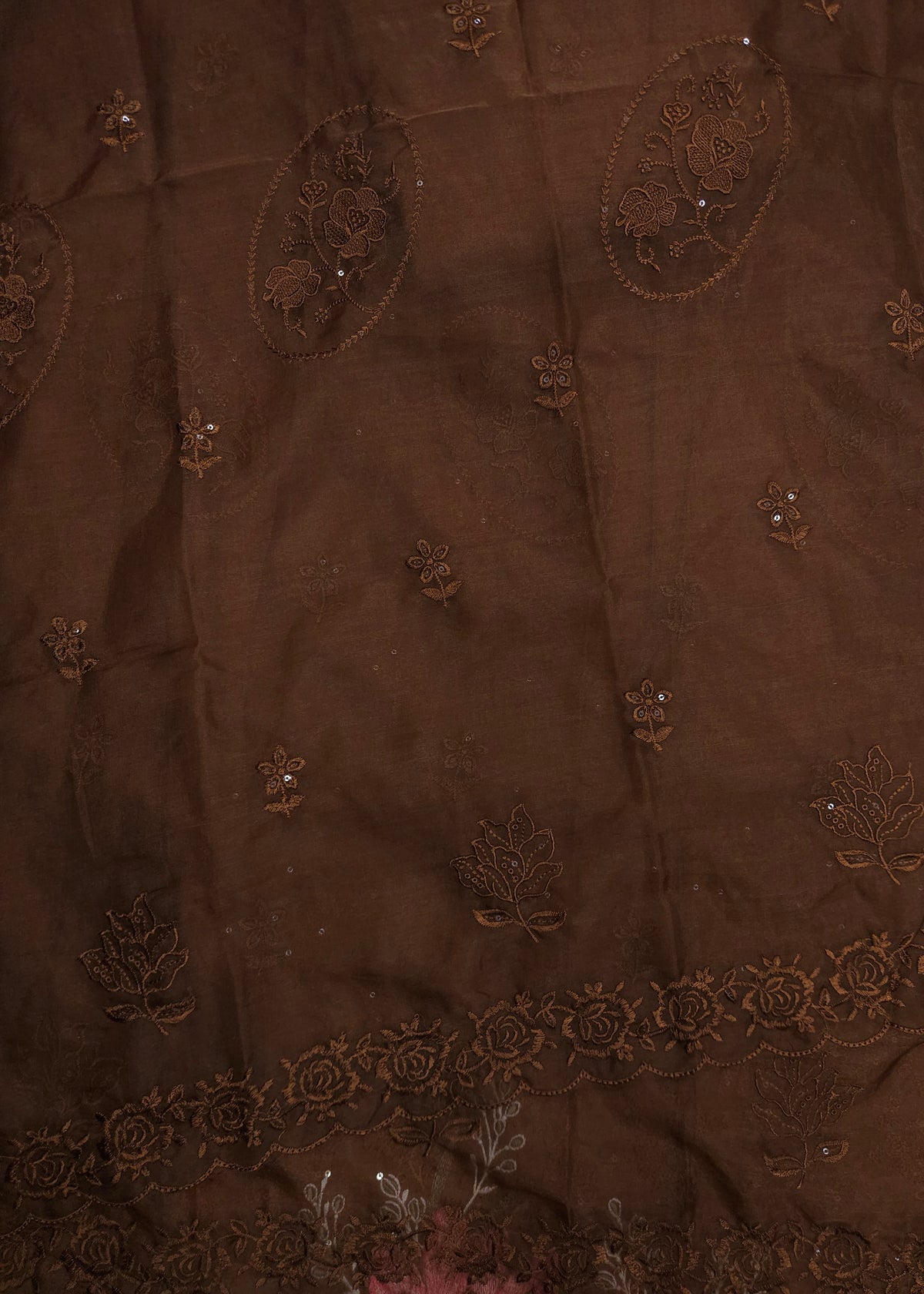 Brown Cotton Silk Embroidered Semi-stitched Suit Set with Organza Dupatta| 3 Piece Suit Set