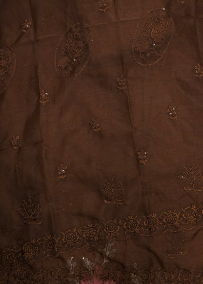 Brown Cotton Silk Embroidered Semi-stitched Suit Set with Organza Dupatta| 3 Piece Suit Set