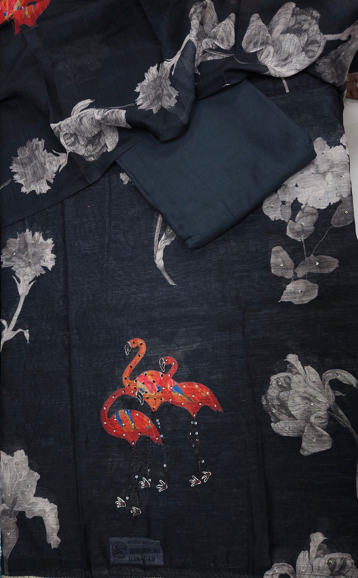 Black Linen Embroidered Flamingo Semi-stitched Suit Set with Cotton Bottom & Linen Dupatta | 3Piece Suit Set