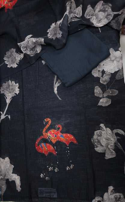 Black Linen Embroidered Flamingo Semi-stitched Suit Set with Cotton Bottom & Linen Dupatta | 3Piece Suit Set