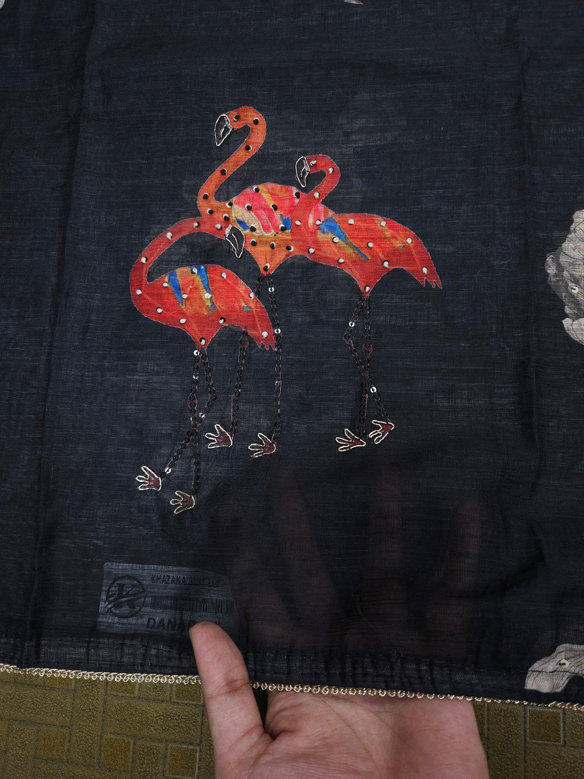 Black Linen Embroidered Flamingo Semi-stitched Suit Set with Cotton Bottom & Linen Dupatta | 3Piece Suit Set