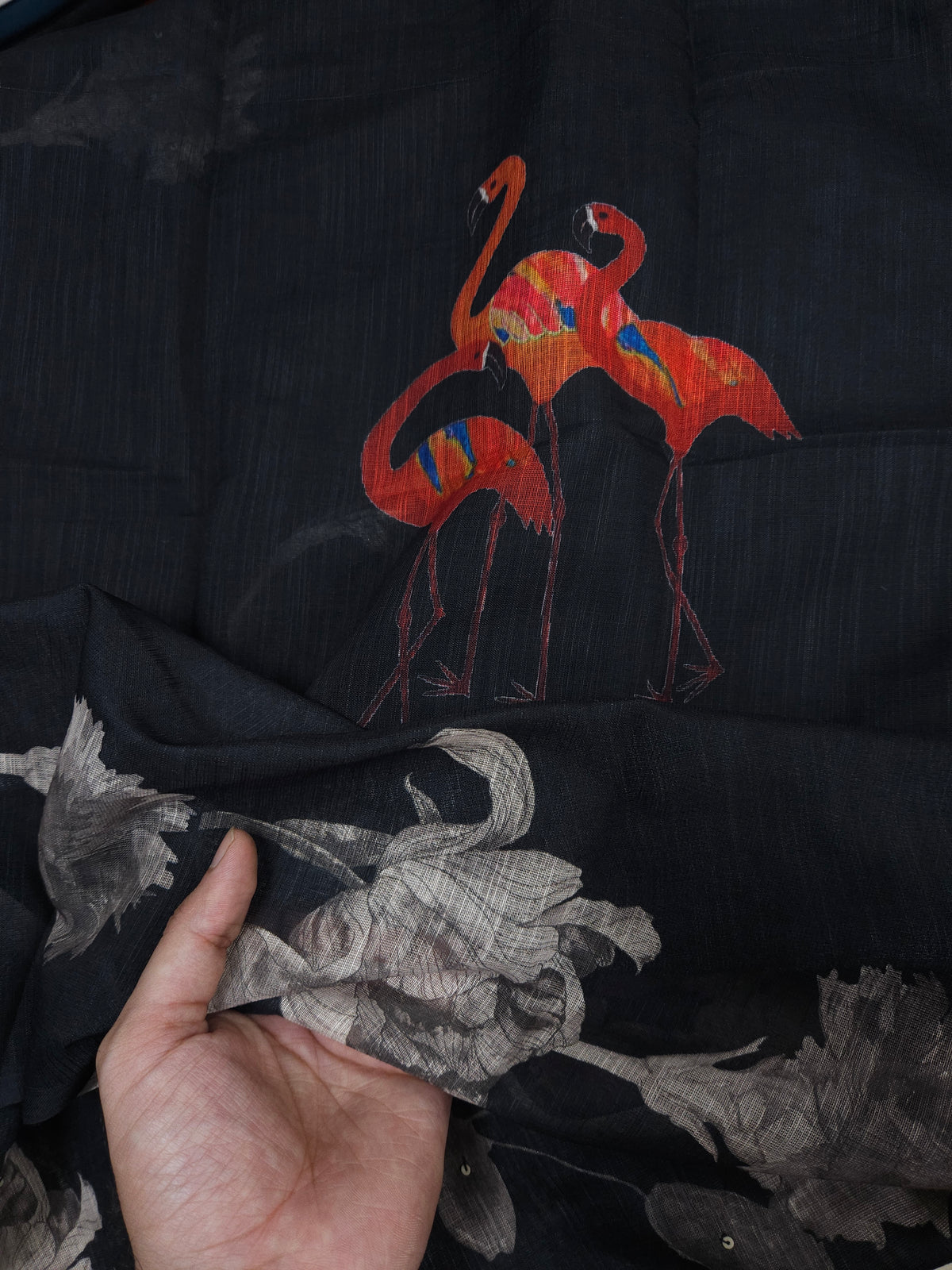 Black Linen Embroidered Flamingo Semi-stitched Suit Set with Cotton Bottom & Linen Dupatta | 3Piece Suit Set