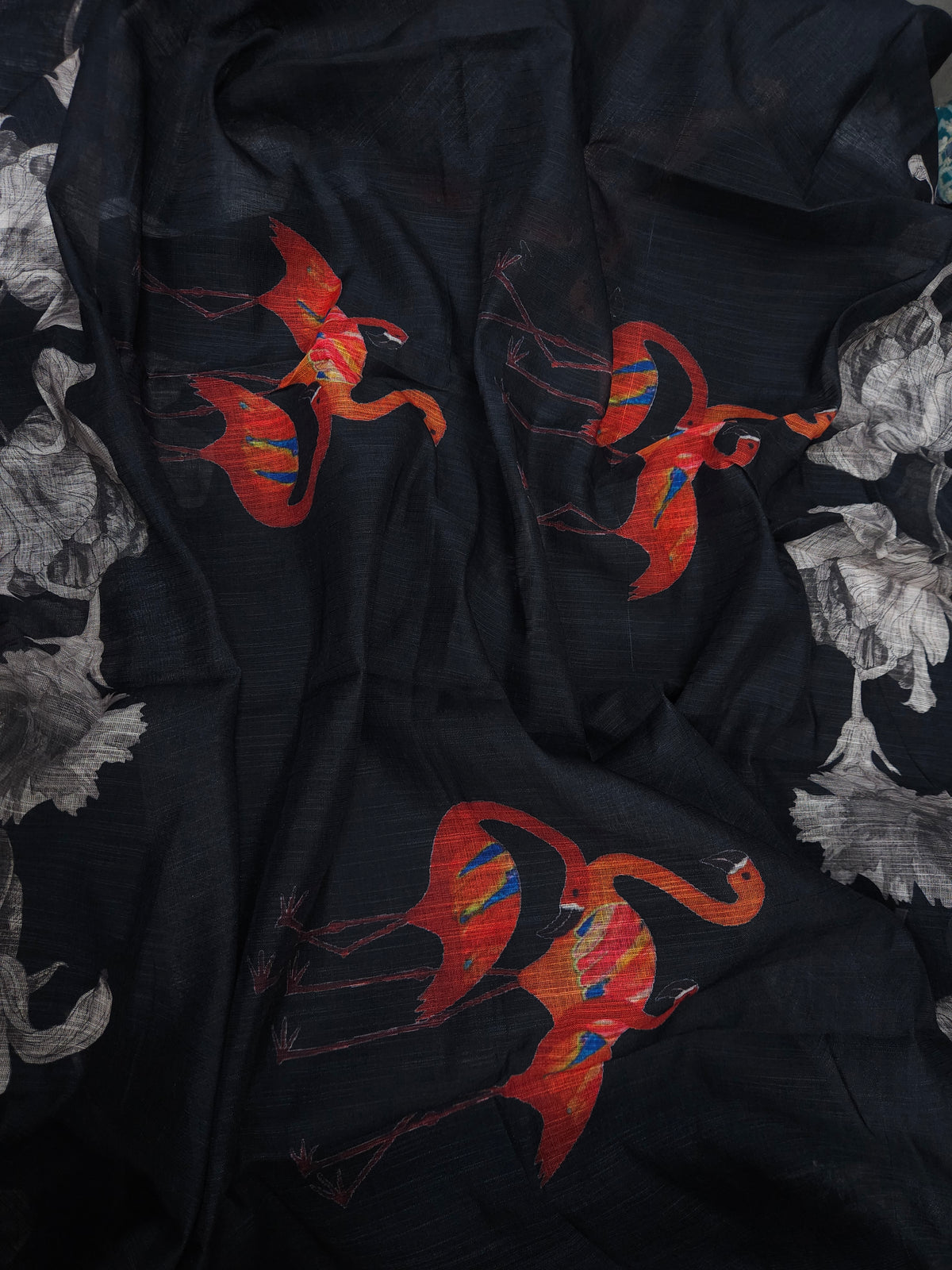 Black Linen Embroidered Flamingo Semi-stitched Suit Set with Cotton Bottom & Linen Dupatta | 3Piece Suit Set