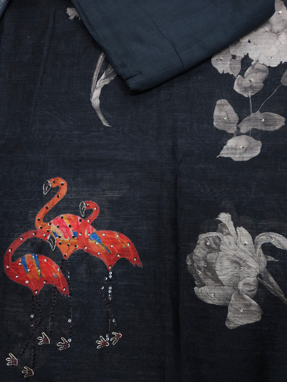 Black Linen Embroidered Flamingo Semi-stitched Suit Set with Cotton Bottom & Linen Dupatta | 3Piece Suit Set