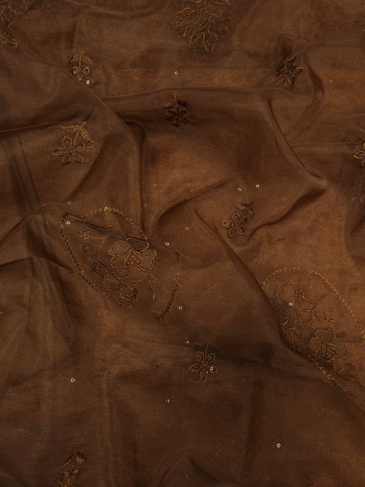 Brown Cotton Silk Embroidered Semi-stitched Suit Set with Organza Dupatta| 3 Piece Suit Set