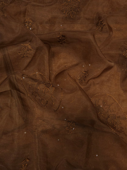 Brown Cotton Silk Embroidered Semi-stitched Suit Set with Organza Dupatta| 3 Piece Suit Set