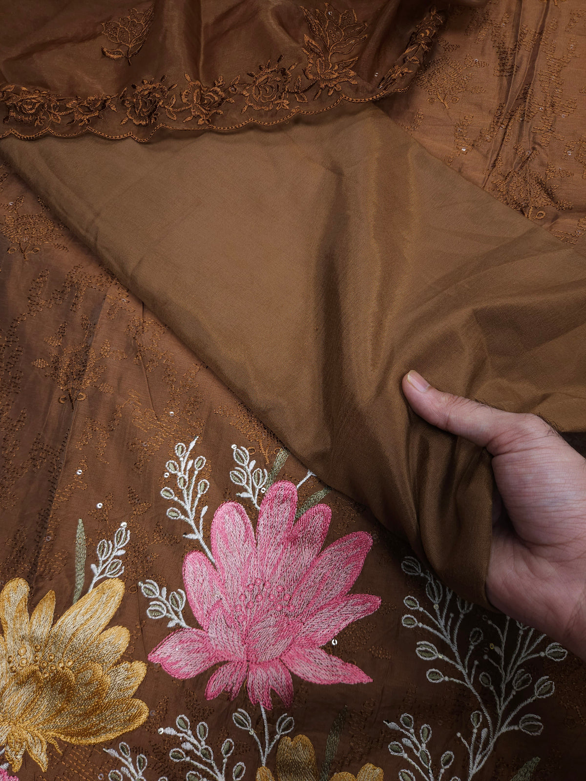 Brown Cotton Silk Embroidered Semi-stitched Suit Set with Organza Dupatta| 3 Piece Suit Set