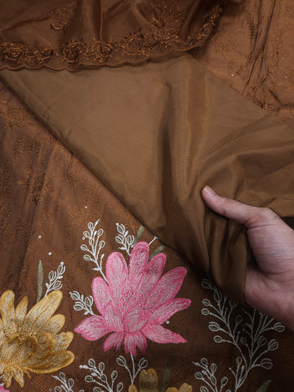 Brown Cotton Silk Embroidered Semi-stitched Suit Set with Organza Dupatta| 3 Piece Suit Set
