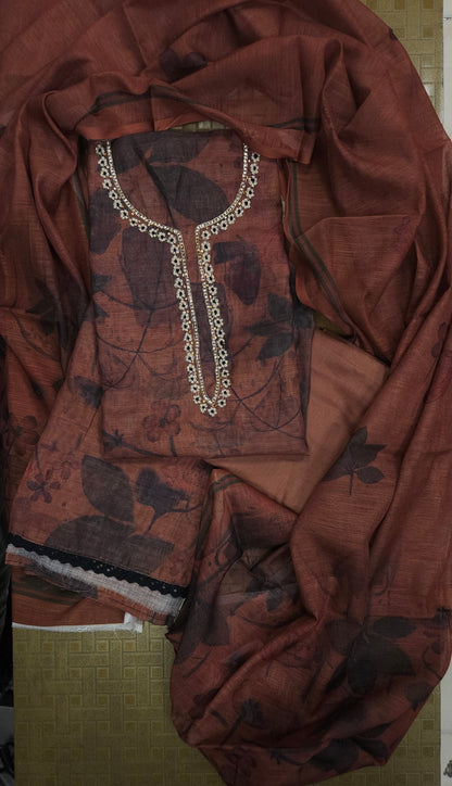Rust Brown Linen Handwork Semi-stitched Suit Set with Cotton Bottom & Linen Dupatta| 3 Piece Suit Set