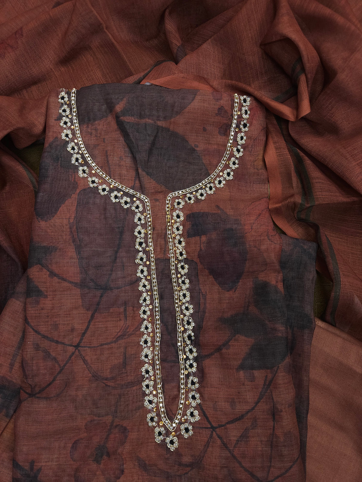 Rust Brown Linen Handwork Semi-stitched Suit Set with Cotton Bottom & Linen Dupatta| 3 Piece Suit Set