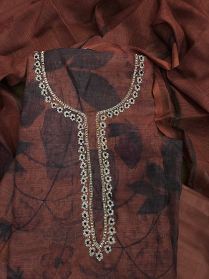 Rust Brown Linen Handwork Semi-stitched Suit Set with Cotton Bottom & Linen Dupatta| 3 Piece Suit Set