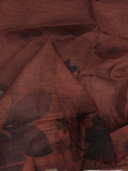 Rust Brown Linen Handwork Semi-stitched Suit Set with Cotton Bottom & Linen Dupatta| 3 Piece Suit Set