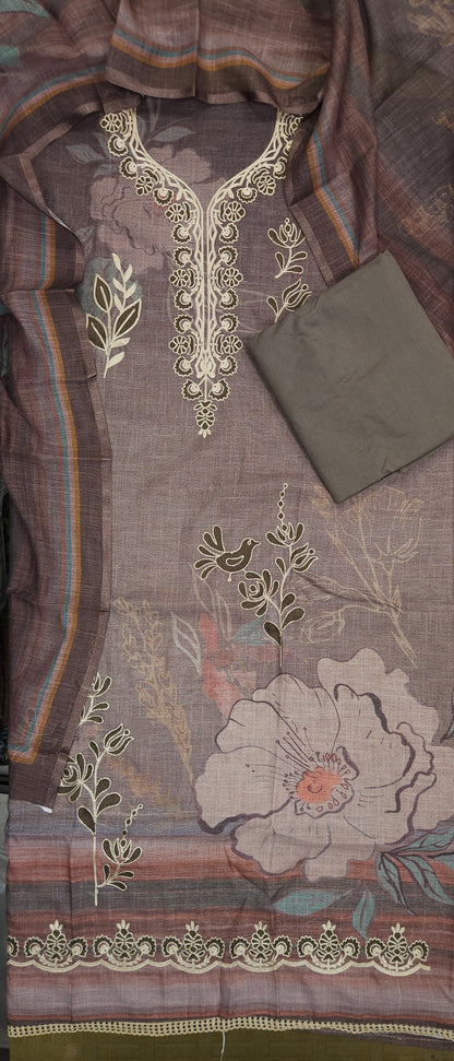 Brown Cotton Silk Embroidered Semi-stitched Suit Set with Organza Dupatta| 3 Piece Suit Set