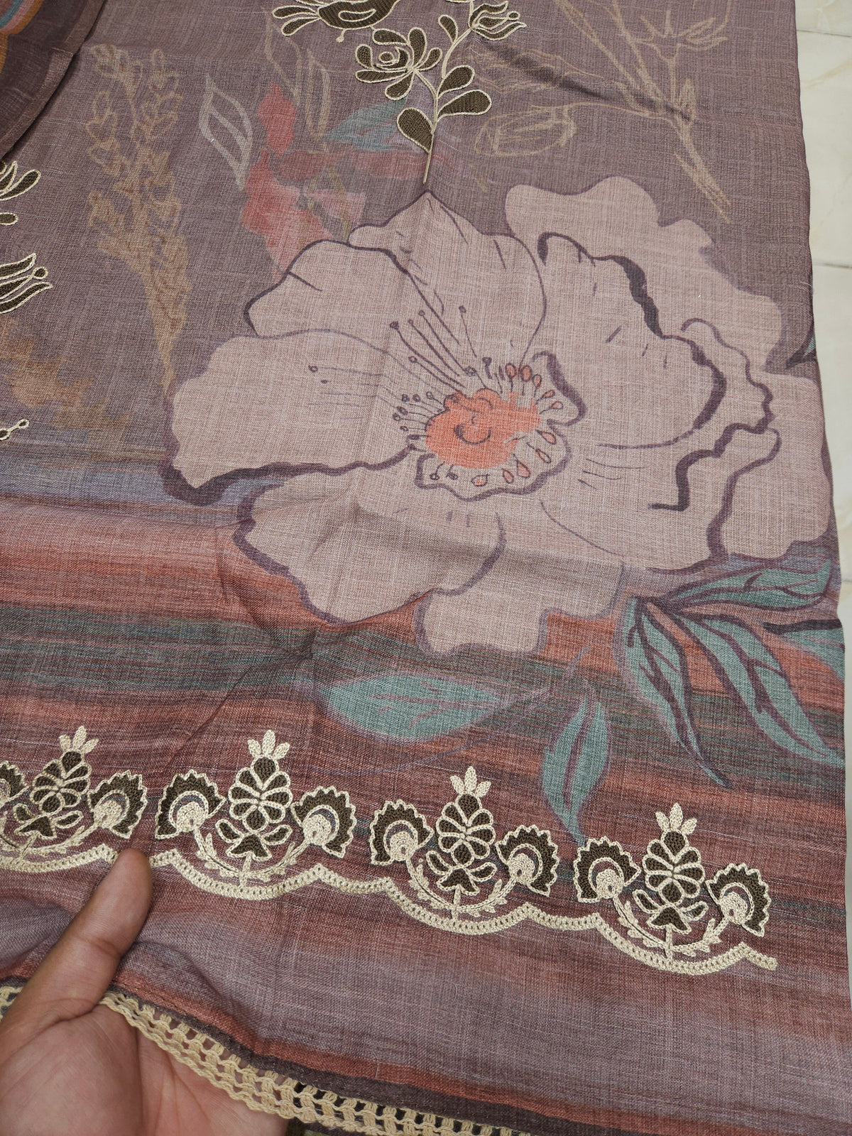 Brown Cotton Silk Embroidered Semi-stitched Suit Set with Organza Dupatta| 3 Piece Suit Set