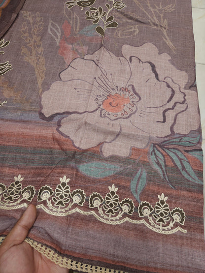 Brown Cotton Silk Embroidered Semi-stitched Suit Set with Organza Dupatta| 3 Piece Suit Set
