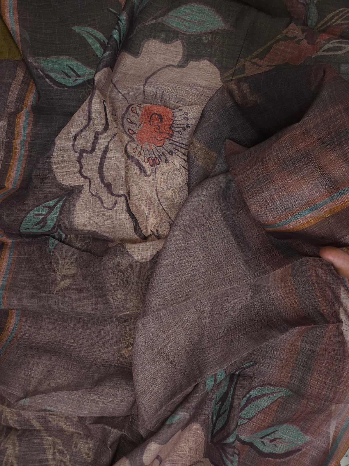 Brown Cotton Silk Embroidered Semi-stitched Suit Set with Organza Dupatta| 3 Piece Suit Set