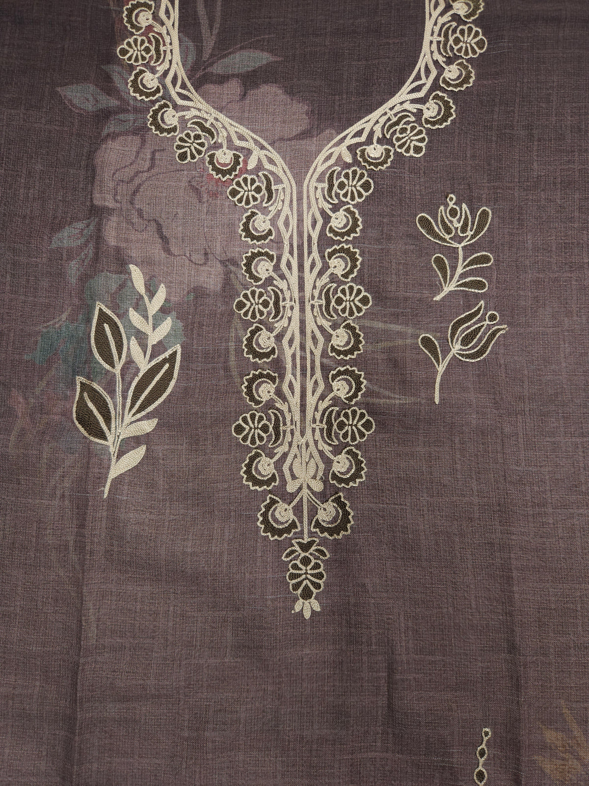 Brown Cotton Silk Embroidered Semi-stitched Suit Set with Organza Dupatta| 3 Piece Suit Set