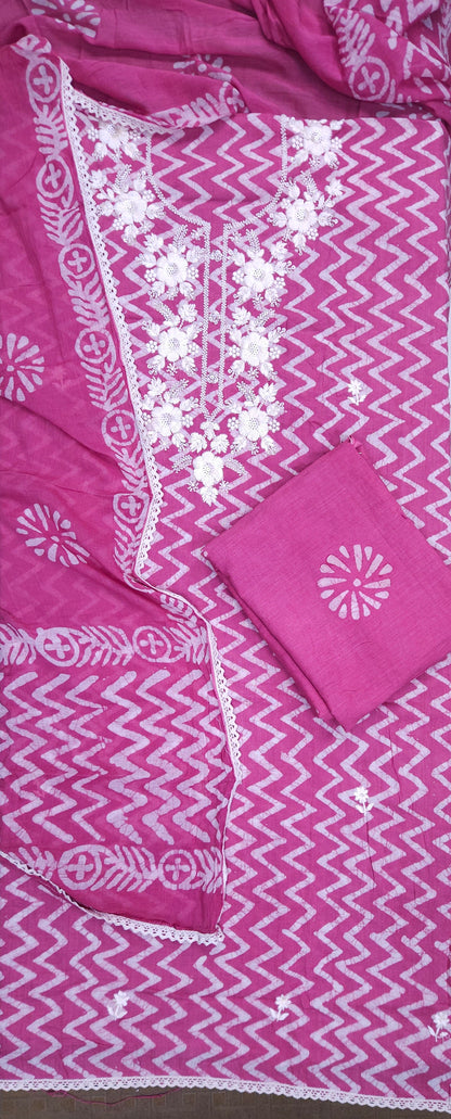 Rani Pink Mul Cotton Handwork Semi-stitched Suit Set with Dupatta| 3 Piece Suit Set